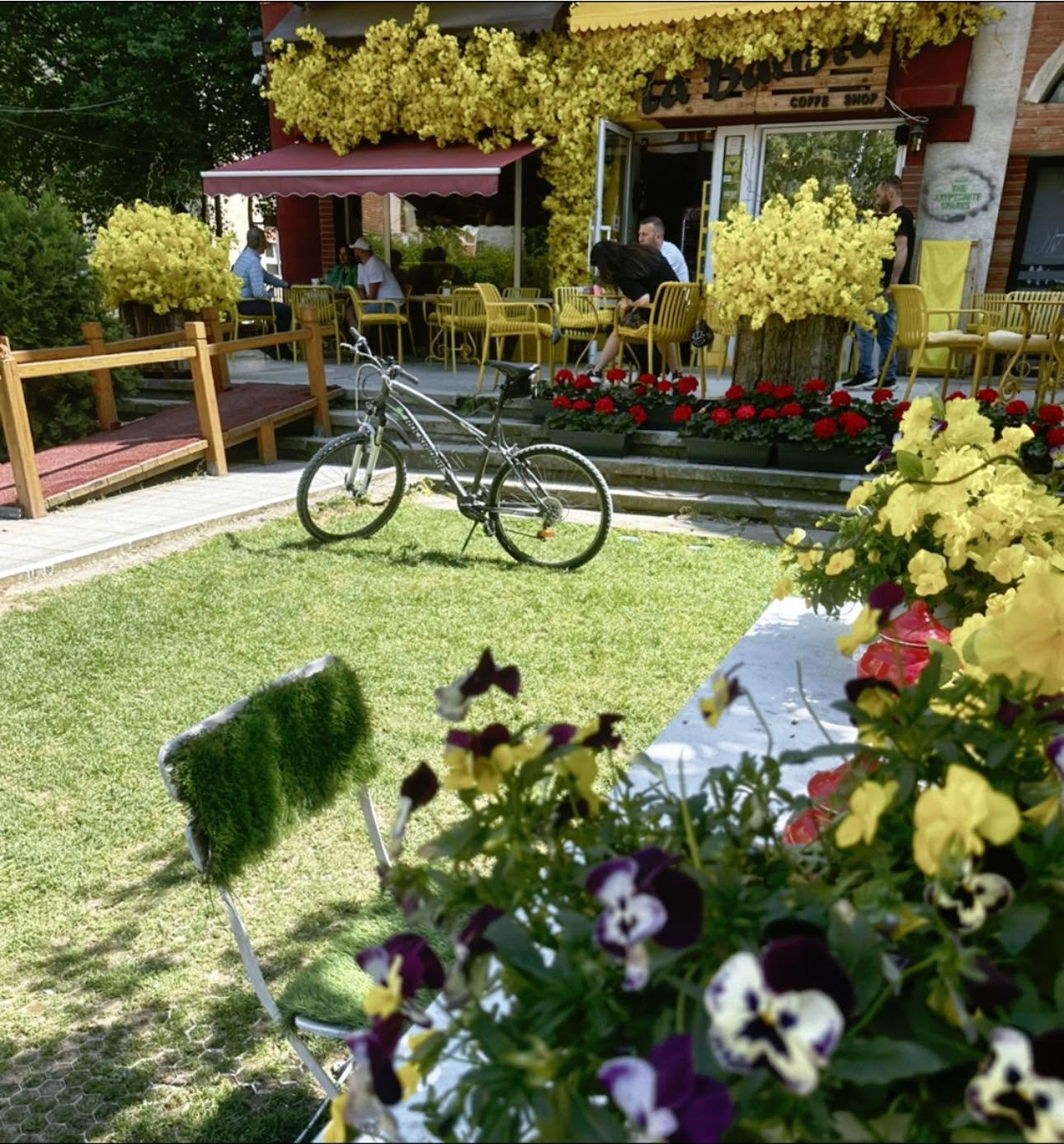 Grădina cafenelei La Barista, cu flori și bicicleta decorativă