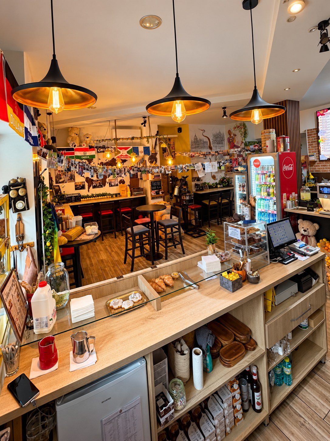 Lămpile calde și tejgheaua cafenelei La Barista