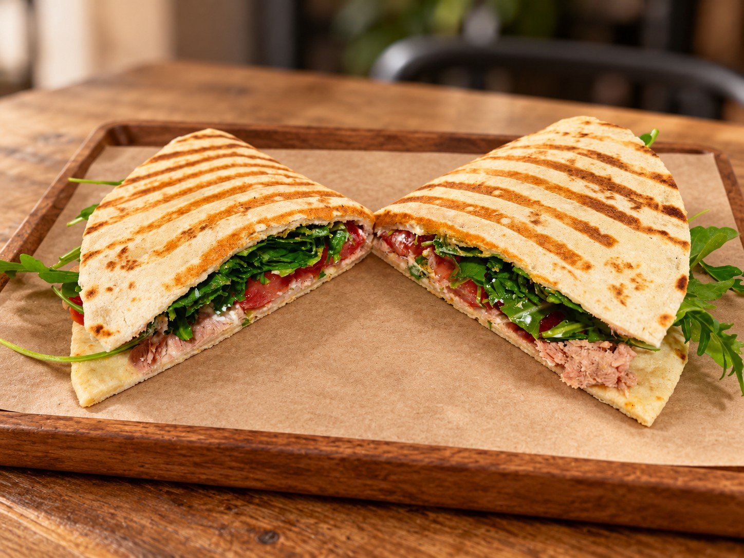 Piadina Al Tonno La Barista, servită în două jumătăți pe tavă de lemn