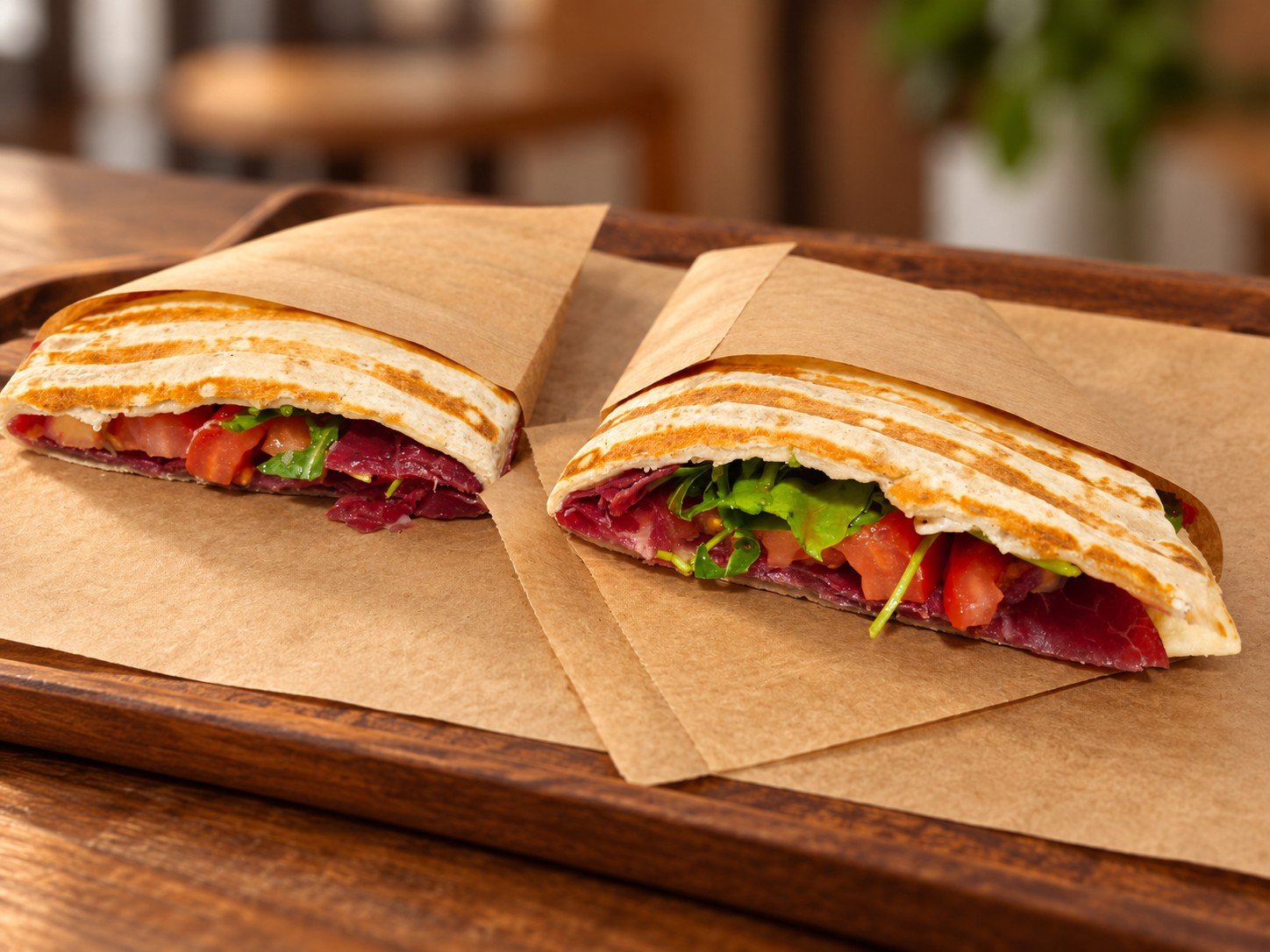 Piadina Bologna La Barista, servită în două jumătăți pe tavă de lemn
