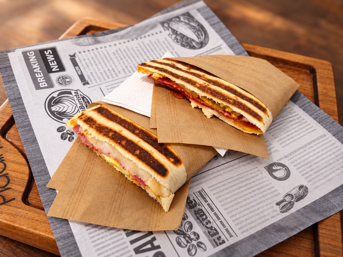 Piadina Caniballa, servită în două jumătăți pe tava La Barista