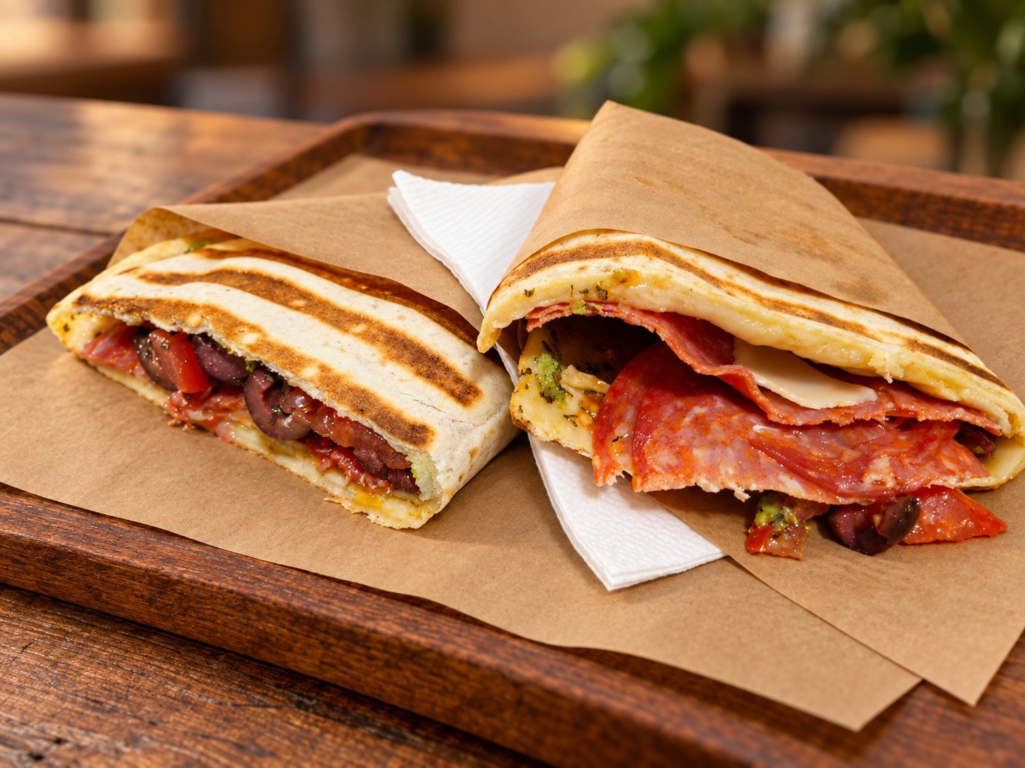 Piadina Pedro La Barista, servită în două jumătăți pe tavă de lemn