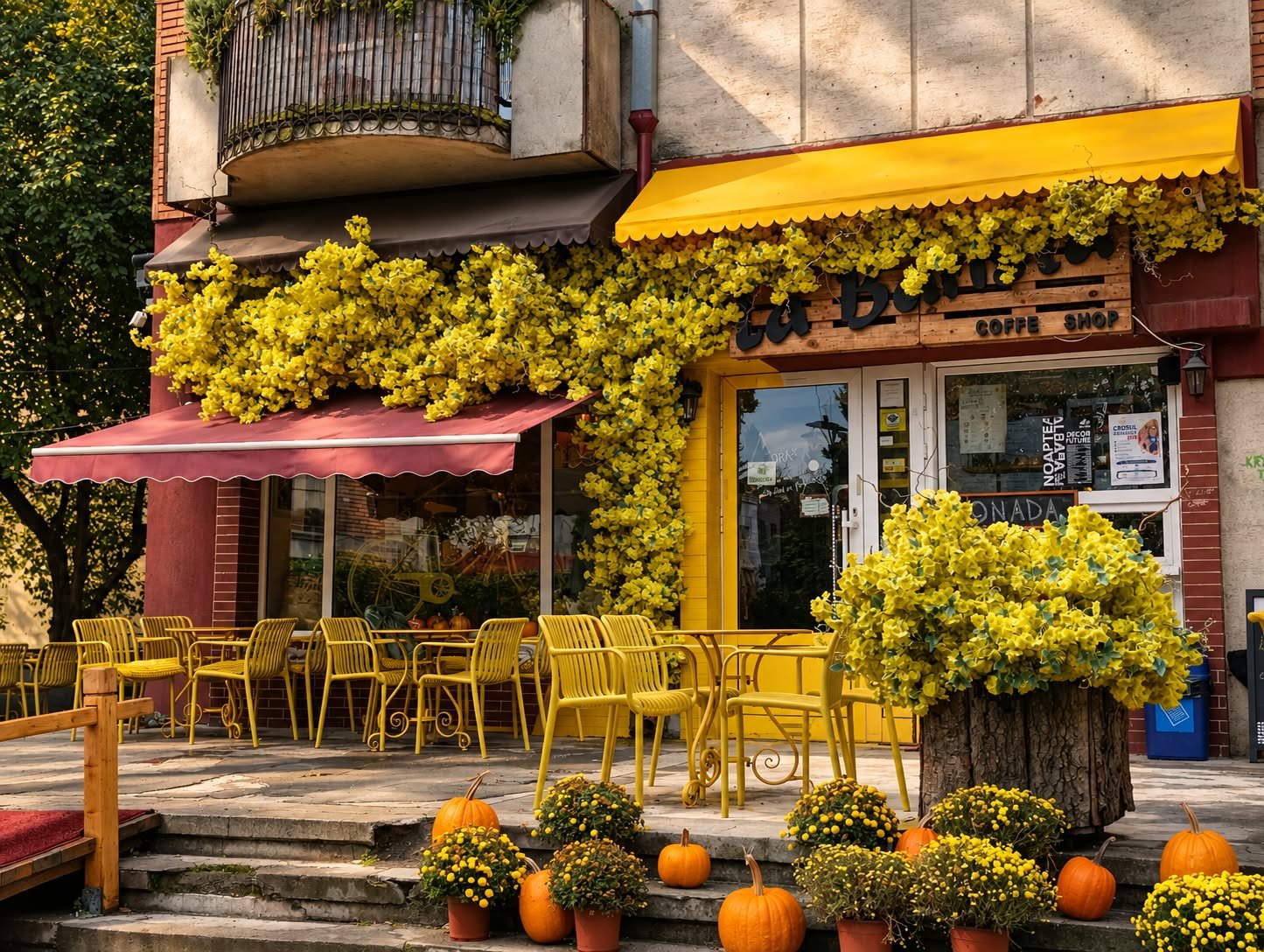 Fațada cafenelei La Barista, cu flori galbene, terasa și decor de toamnă
