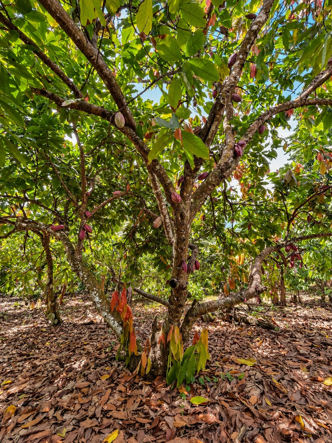 Arbore de cacao în lumina filtrată de frunze