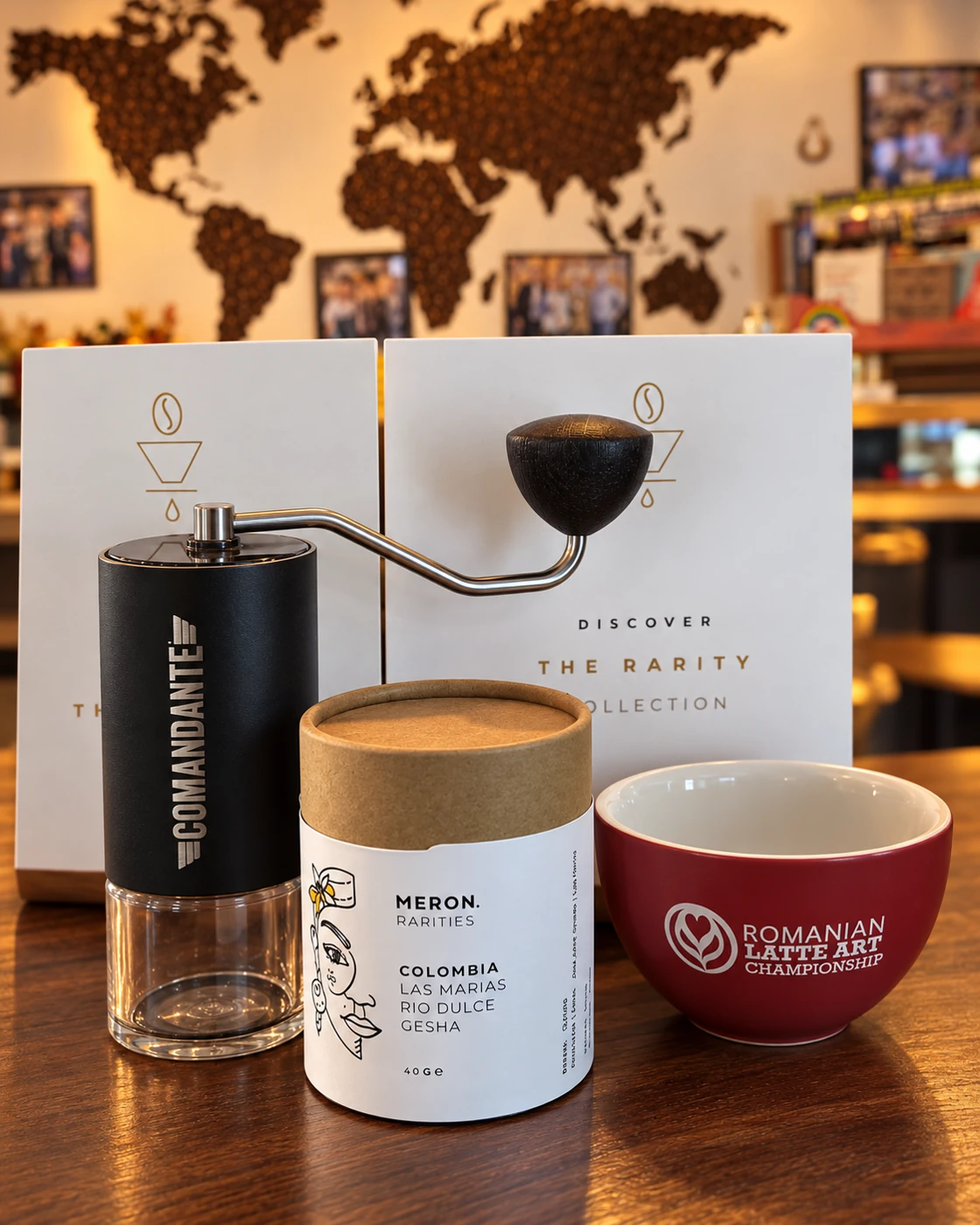 Meron Colombia, râșnița manuală Comandante și ceașca La Barista