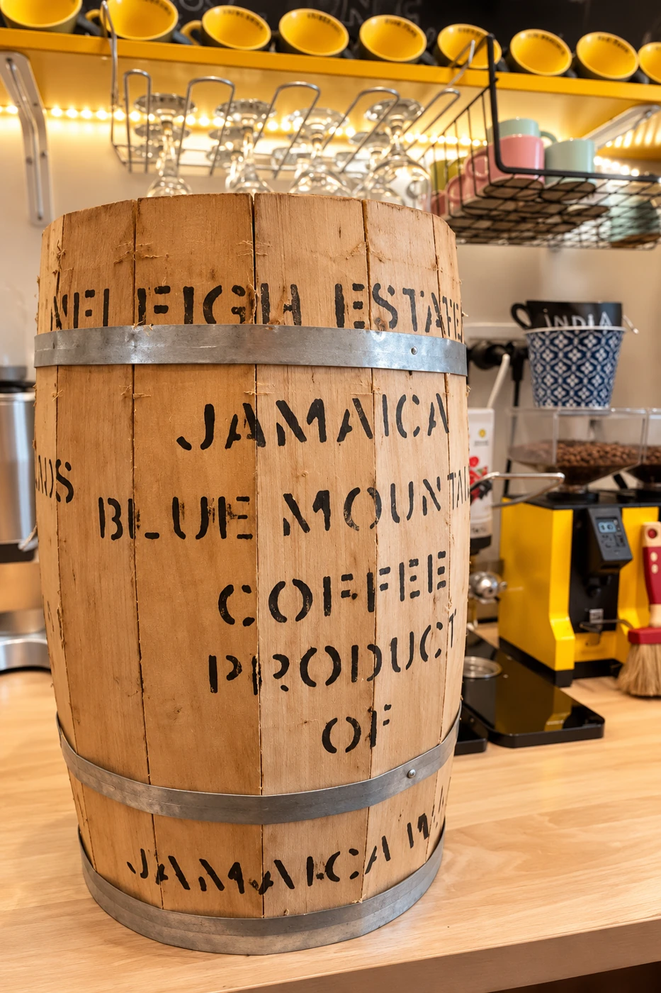 Butoiul din lemn Jamaica Blue Mountain din cafeneaua La Barista