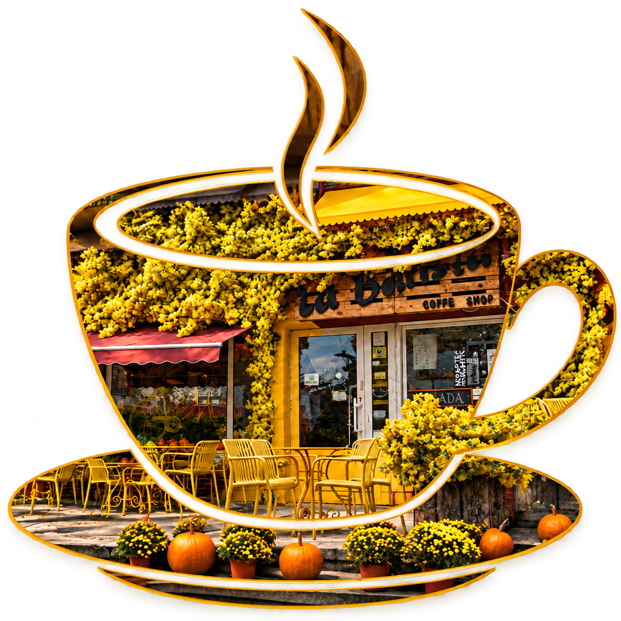 Fațada cafenelei La Barista, cu flori galbene, terasa și decor de toamnă