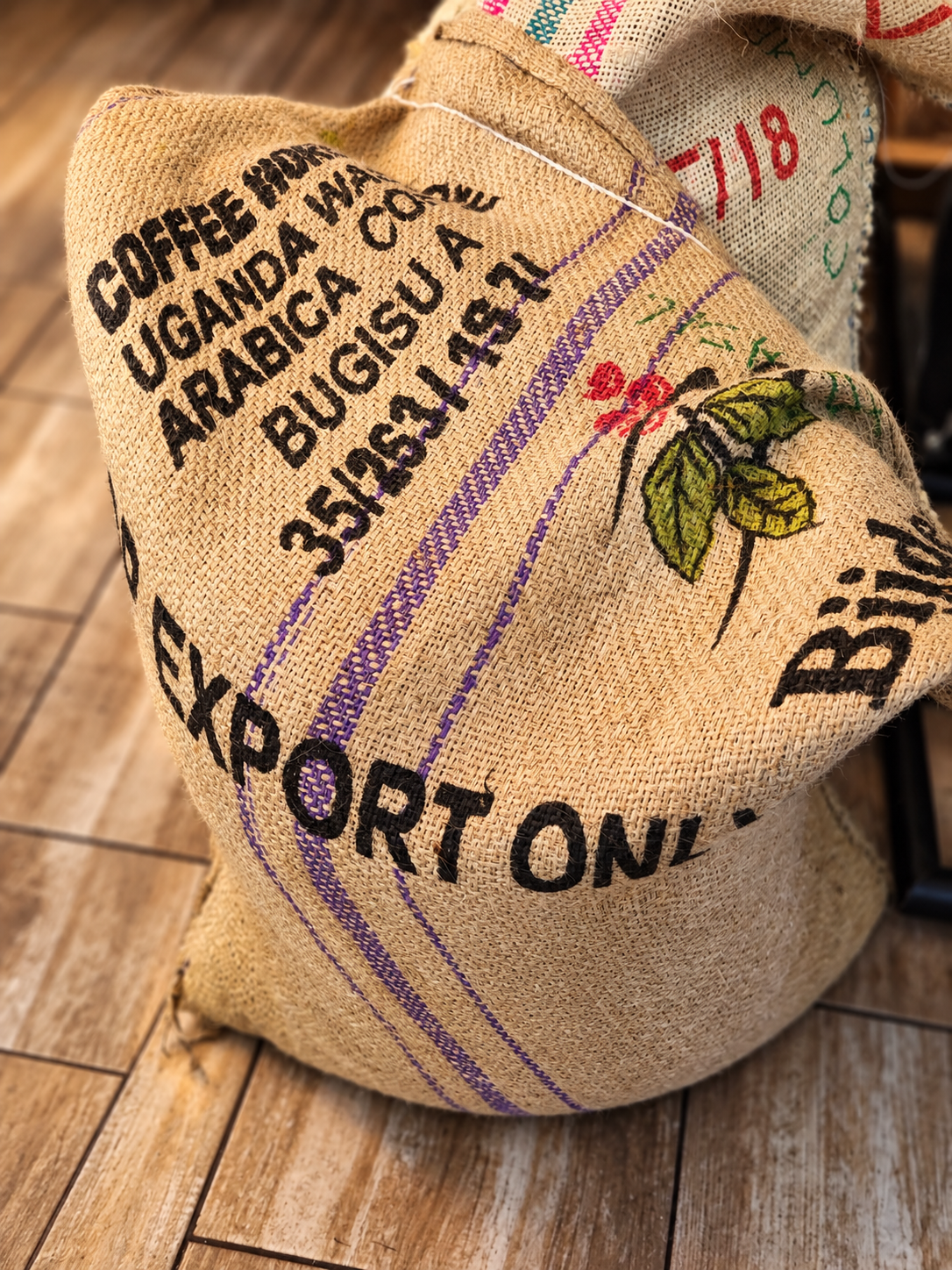 Detaliu al unui sac de cafea verde