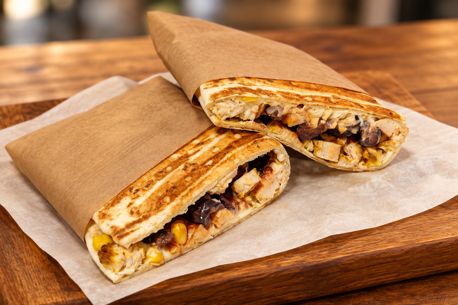 Piadina Deliciosa La Barista, servită în două jumătăți pe tavă de lemn